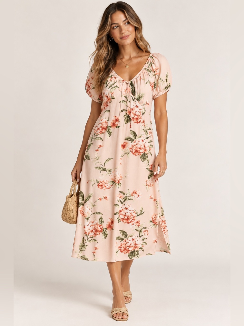 Scoop|Blush Pink Floral Puff Sleeve Midi Dress